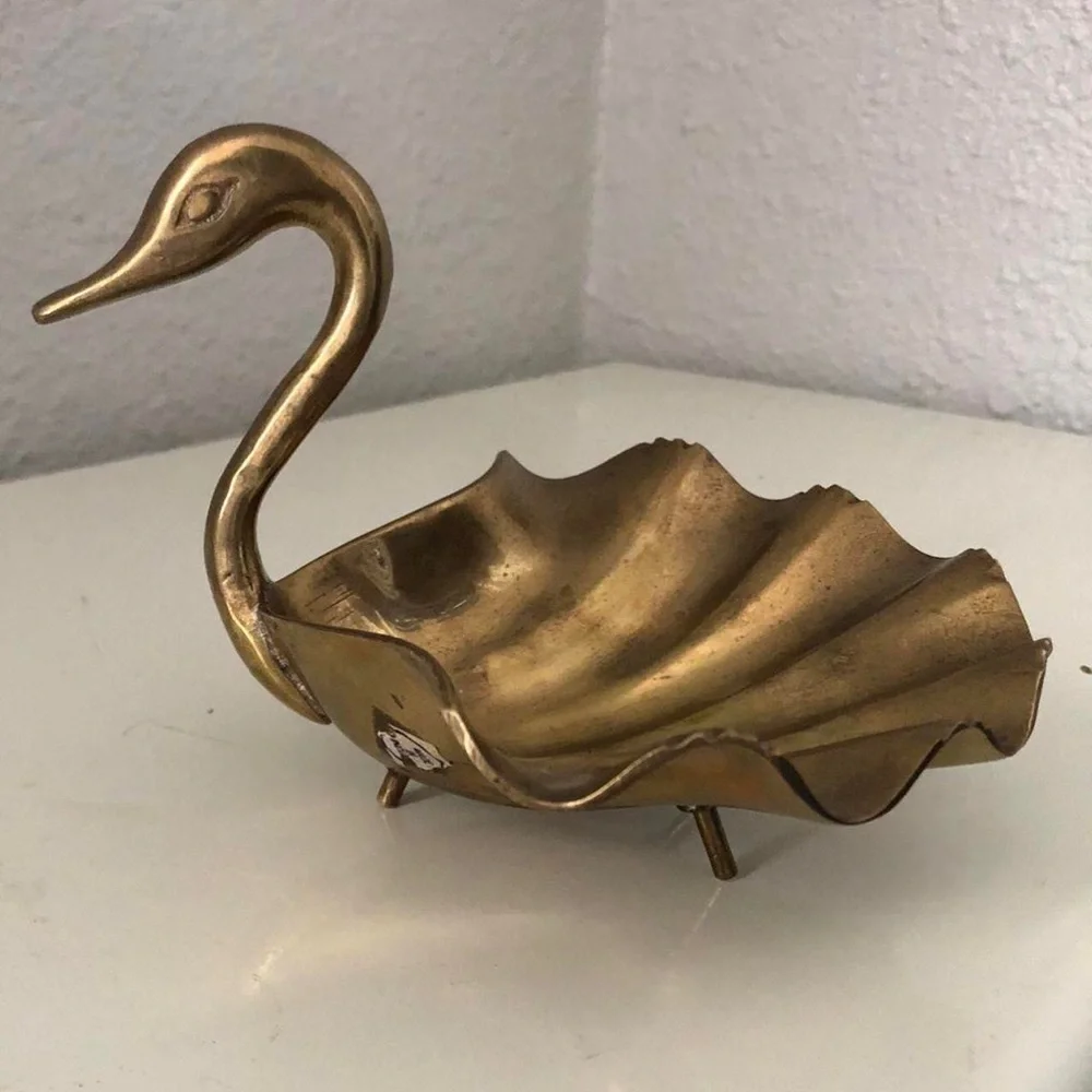 Vintage Brass Swan Planters Trinket Dish Shell Set Cottagecore Hollywood Regency